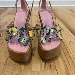 Pink Butterfly Platform Wedge Sandals | Lace-Up Ankle | Size 7